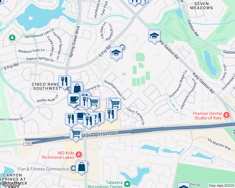 map of restaurants, bars, coffee shops, grocery stores, and more near 9435 Amethyst Arbor Lane in Katy