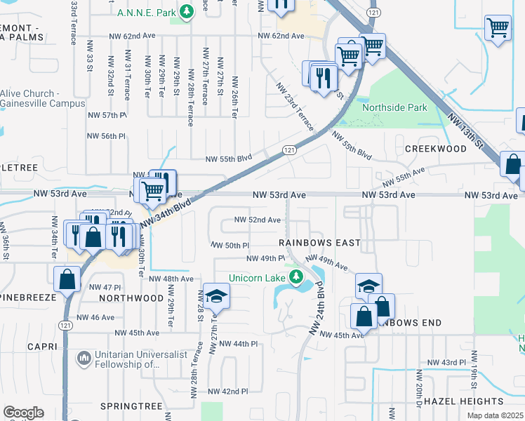 map of restaurants, bars, coffee shops, grocery stores, and more near 2533 Northwest 52nd Place in Gainesville