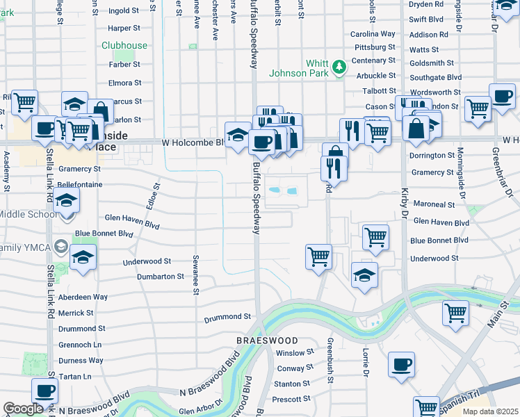map of restaurants, bars, coffee shops, grocery stores, and more near 7171 Buffalo Speedway in Houston