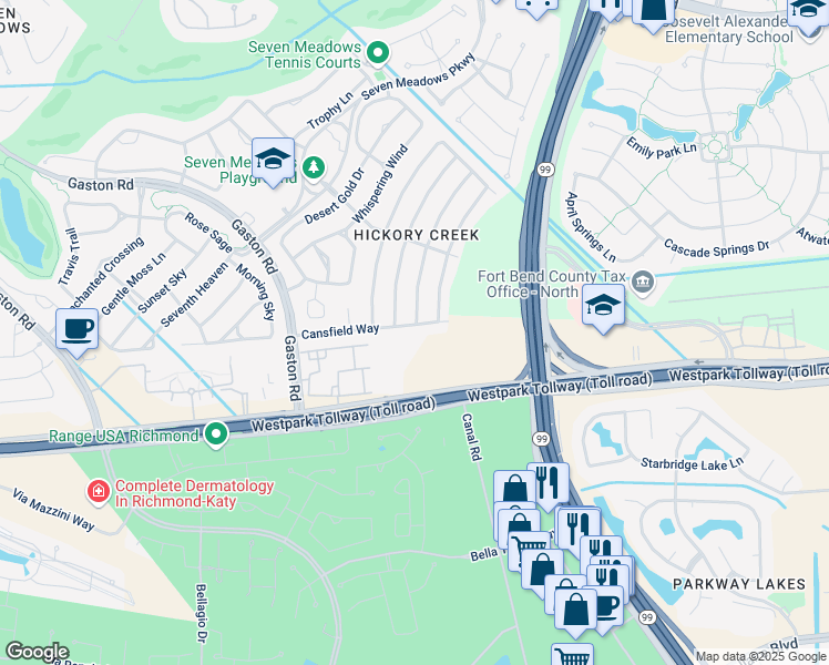 map of restaurants, bars, coffee shops, grocery stores, and more near 6907 Glen Rosa Drive in Katy
