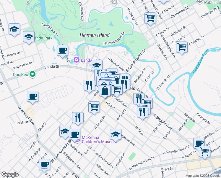 map of restaurants, bars, coffee shops, grocery stores, and more near 471 Main Plaza in New Braunfels