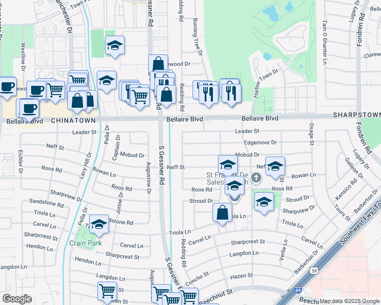 map of restaurants, bars, coffee shops, grocery stores, and more near in Houston