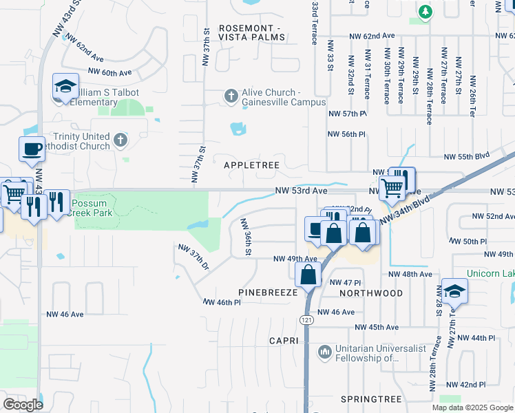 map of restaurants, bars, coffee shops, grocery stores, and more near 3528 Northwest 52nd Avenue in Gainesville
