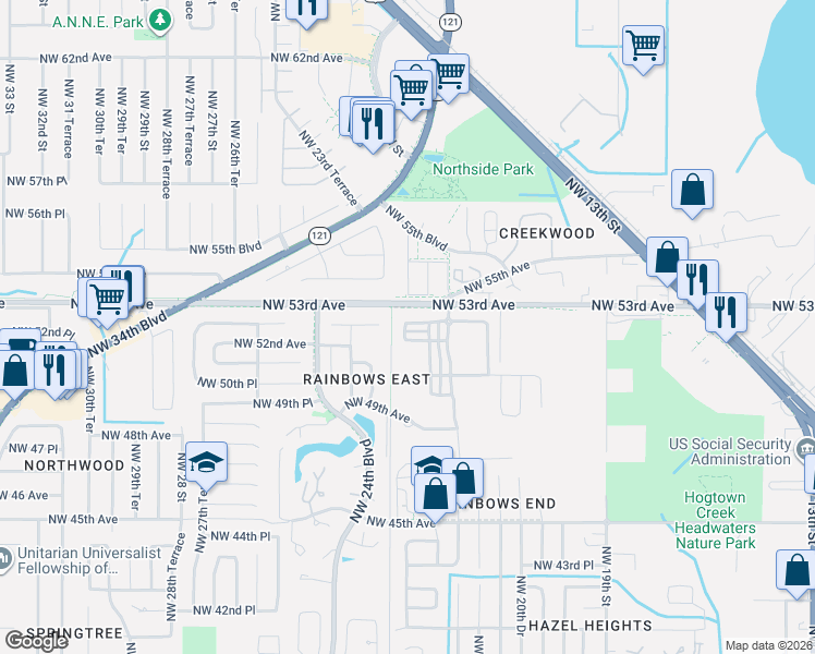 map of restaurants, bars, coffee shops, grocery stores, and more near 2240 52nd Place in Gainesville