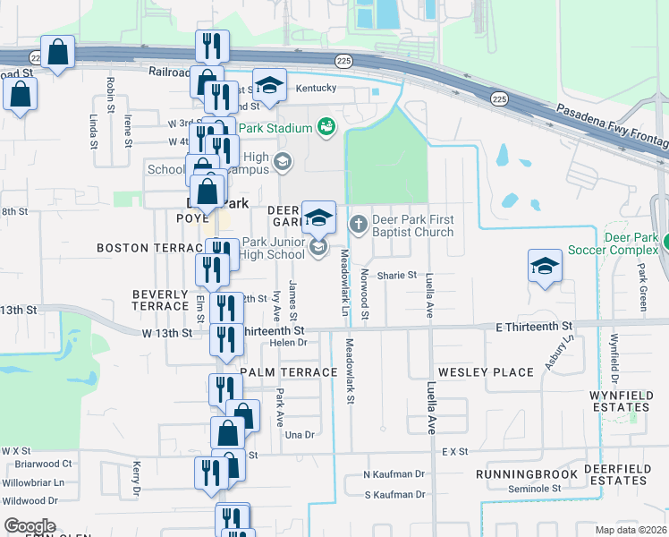map of restaurants, bars, coffee shops, grocery stores, and more near 438 East 8th Street in Deer Park