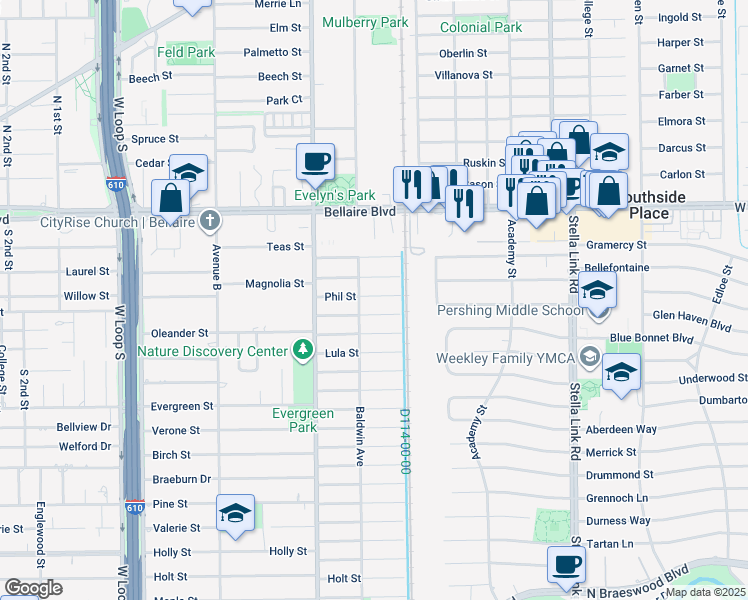 map of restaurants, bars, coffee shops, grocery stores, and more near 4306 Phil Street in Bellaire