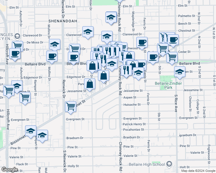 map of restaurants, bars, coffee shops, grocery stores, and more near in Houston