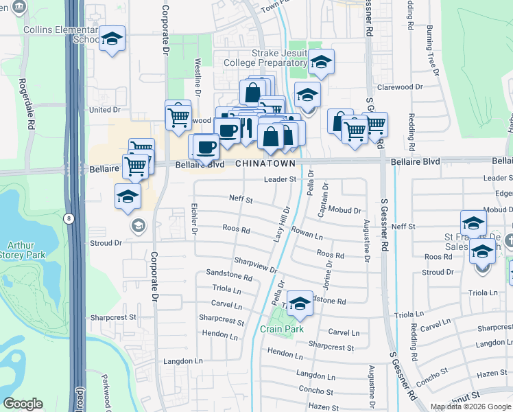 map of restaurants, bars, coffee shops, grocery stores, and more near 9230 Neff Street in Houston