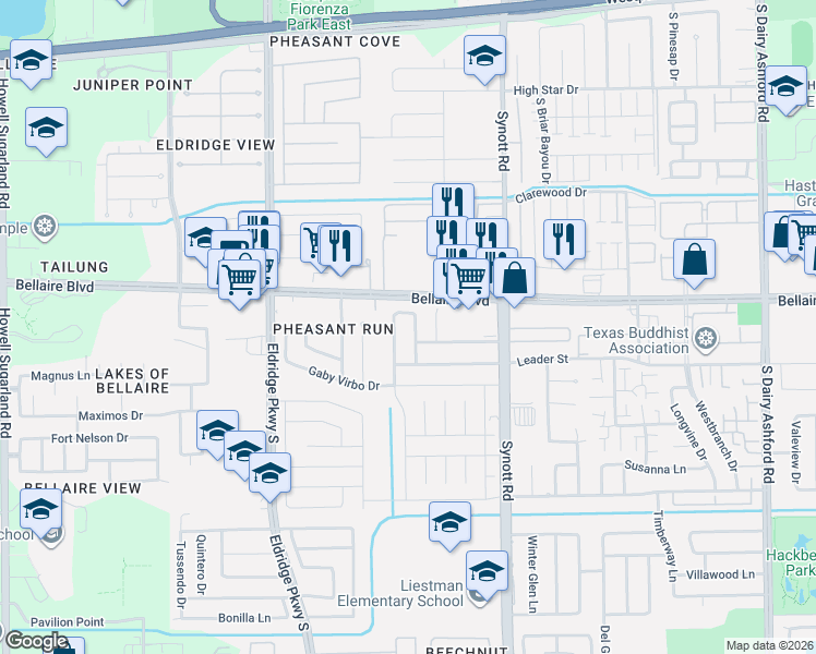 map of restaurants, bars, coffee shops, grocery stores, and more near 6818 Caddo Lake Lane in Houston