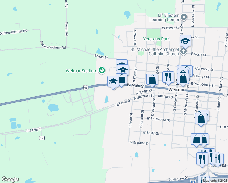 map of restaurants, bars, coffee shops, grocery stores, and more near 511 West Main Street in Weimar