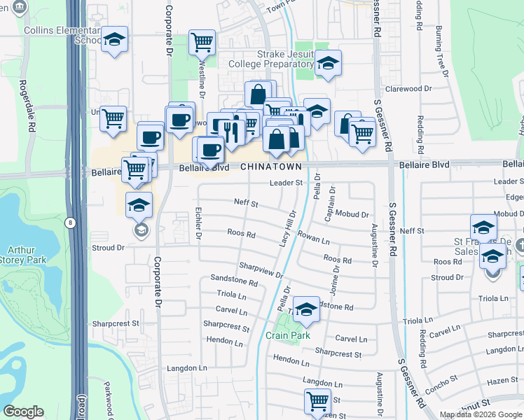 map of restaurants, bars, coffee shops, grocery stores, and more near 9230 Neff Street in Houston