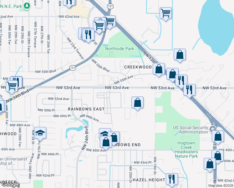 map of restaurants, bars, coffee shops, grocery stores, and more near 2162 Northwest 52nd Place in Gainesville