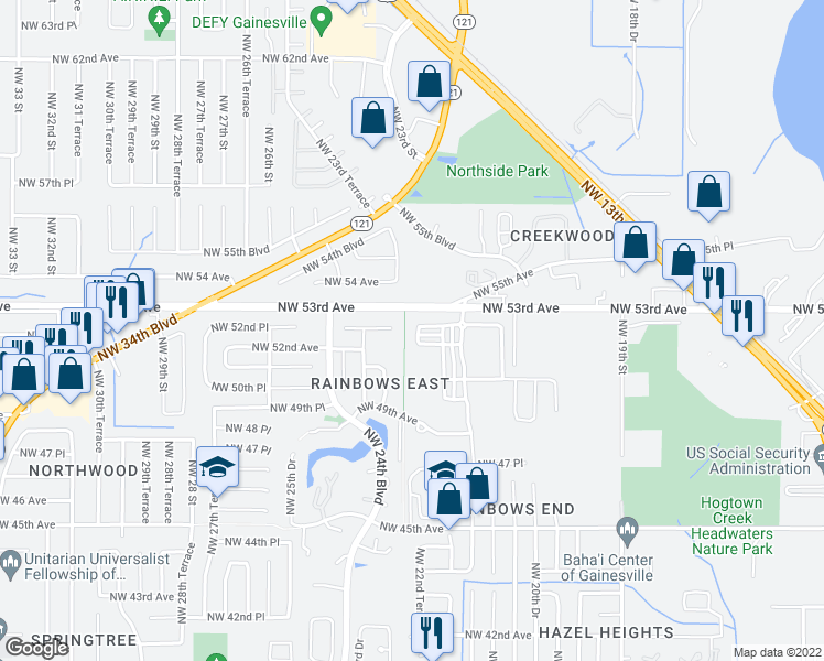 map of restaurants, bars, coffee shops, grocery stores, and more near 5188 NW 22nd Dr in Gainesville