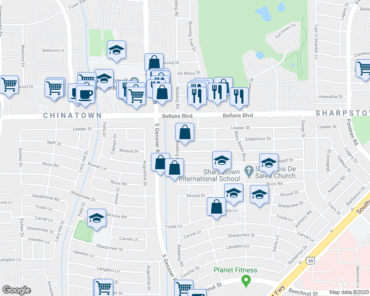 map of restaurants, bars, coffee shops, grocery stores, and more near 8518 Mobud Dr in Houston