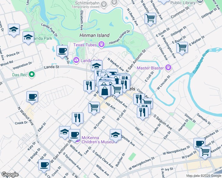 map of restaurants, bars, coffee shops, grocery stores, and more near 471 Main Plaza in New Braunfels