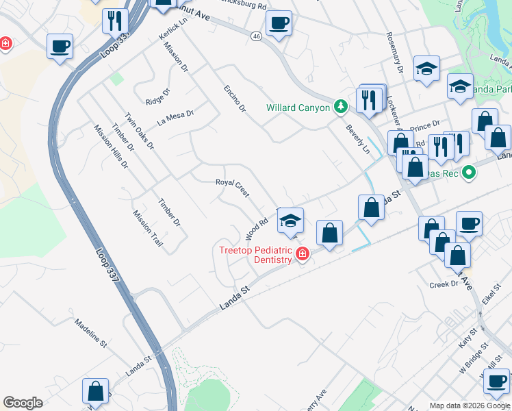 map of restaurants, bars, coffee shops, grocery stores, and more near 104 Mission Drive in New Braunfels