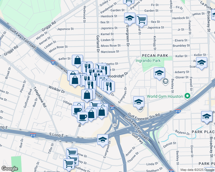 map of restaurants, bars, coffee shops, grocery stores, and more near 7015 Woodridge Square Drive in Houston