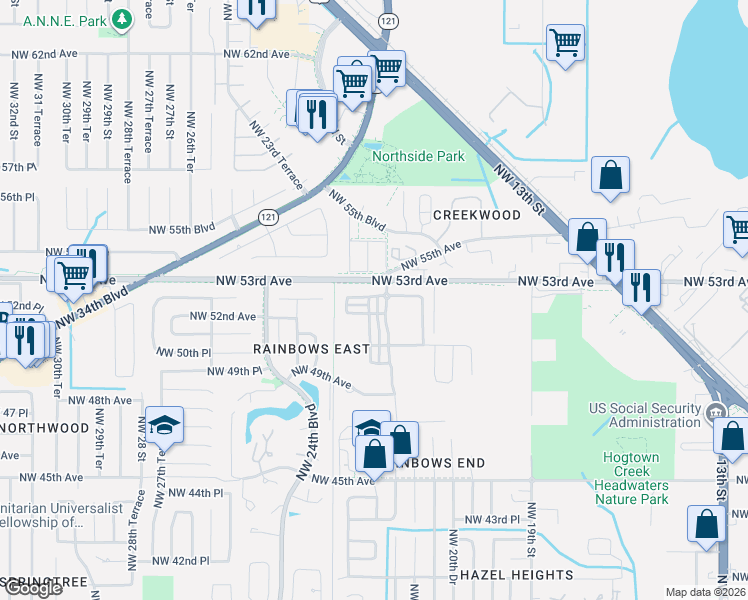 map of restaurants, bars, coffee shops, grocery stores, and more near 2240 52nd Place in Gainesville