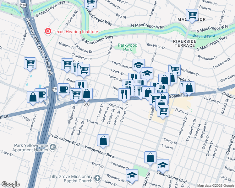 map of restaurants, bars, coffee shops, grocery stores, and more near 3560 Dixie Drive in Houston