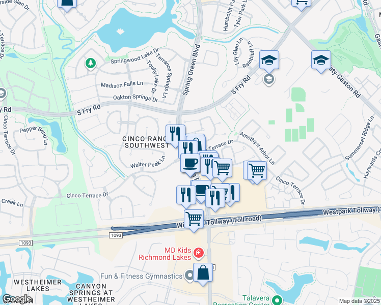 map of restaurants, bars, coffee shops, grocery stores, and more near Cinco Terrace Drive in Katy