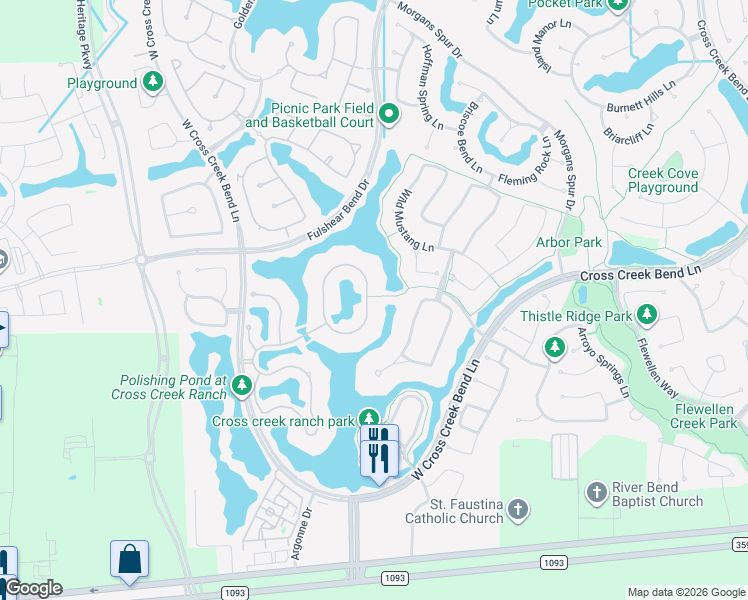 map of restaurants, bars, coffee shops, grocery stores, and more near 107 Lake View Loop in Fulshear