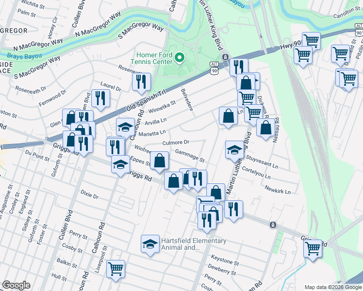 map of restaurants, bars, coffee shops, grocery stores, and more near 4927 Culmore Drive in Houston