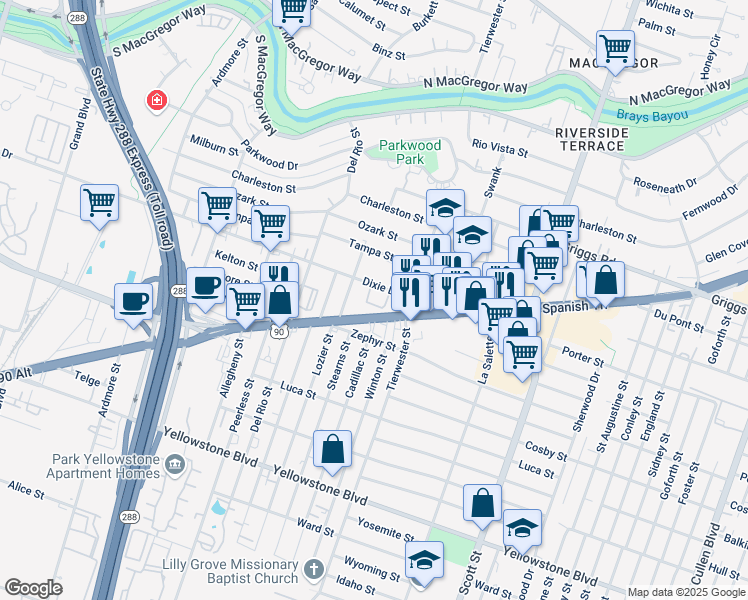 map of restaurants, bars, coffee shops, grocery stores, and more near 3501 Dixie Drive in Houston