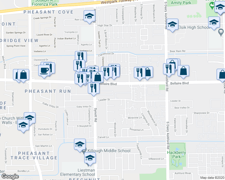 map of restaurants, bars, coffee shops, grocery stores, and more near in Houston