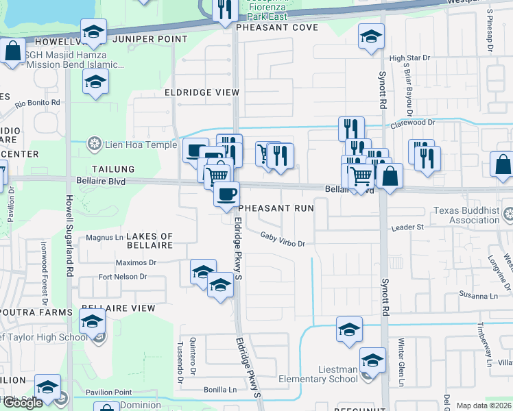 map of restaurants, bars, coffee shops, grocery stores, and more near 13465 Bellaire Boulevard in Houston