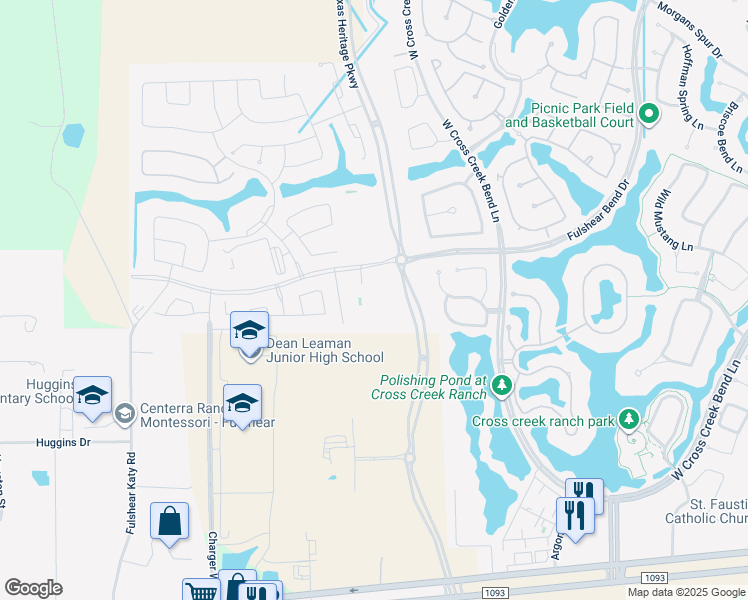 map of restaurants, bars, coffee shops, grocery stores, and more near Cross Creek Bend Lane in Fulshear