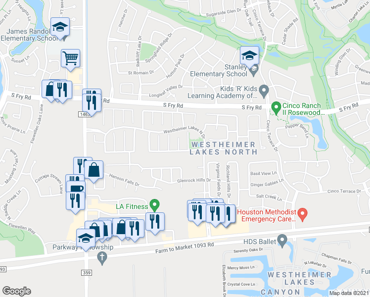 map of restaurants, bars, coffee shops, grocery stores, and more near 6134 Vadini Shores Lane in Katy