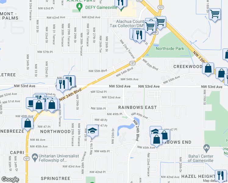 map of restaurants, bars, coffee shops, grocery stores, and more near 2204 Northwest 52 Place in Gainesville