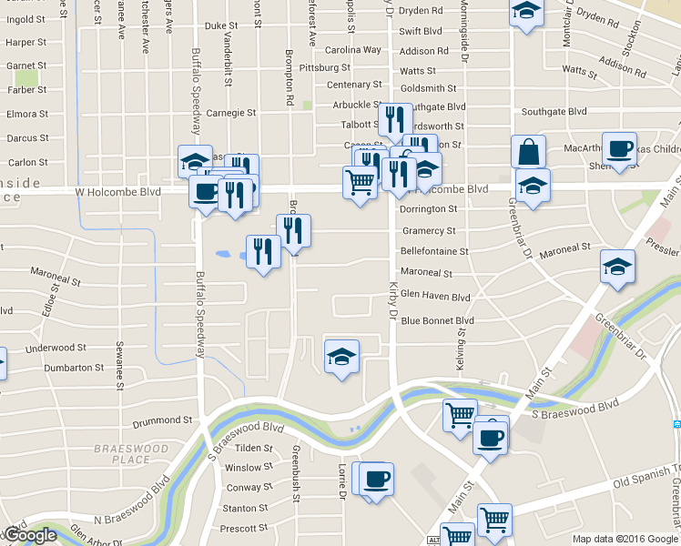 map of restaurants, bars, coffee shops, grocery stores, and more near 2798 Bellefontaine in Houston