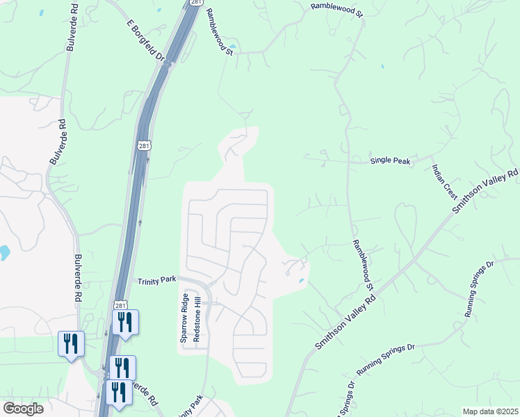 map of restaurants, bars, coffee shops, grocery stores, and more near 27227 Trinity Bend in San Antonio