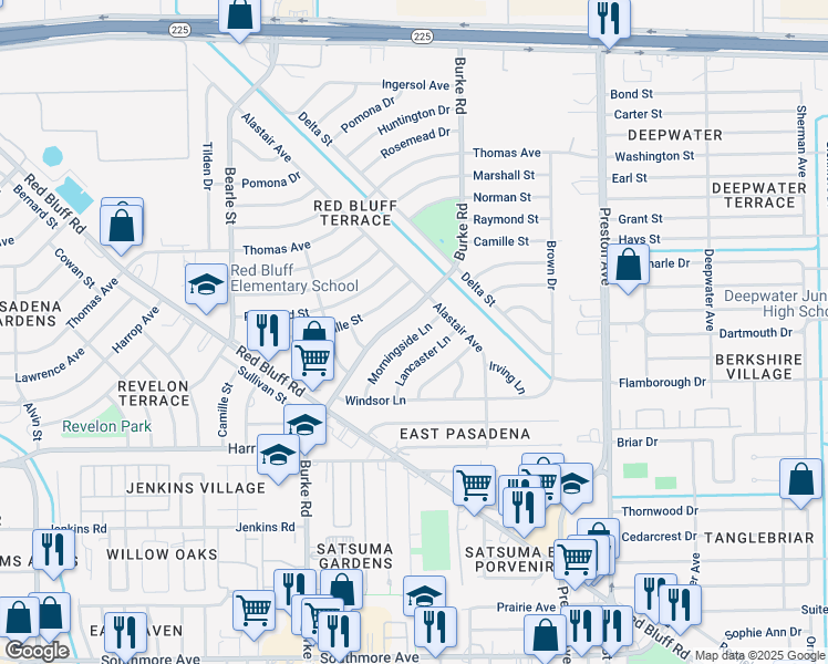 map of restaurants, bars, coffee shops, grocery stores, and more near 2607 Morningside Lane in Pasadena