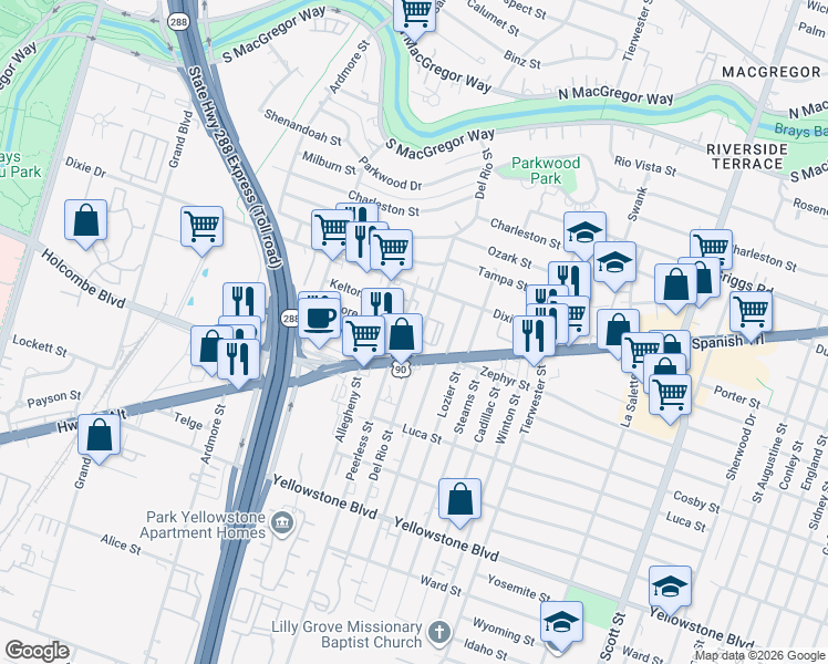 map of restaurants, bars, coffee shops, grocery stores, and more near 6407 Peerless Street in Houston