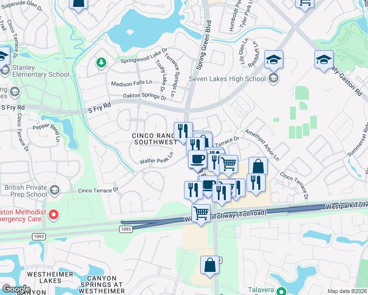 map of restaurants, bars, coffee shops, grocery stores, and more near 9727 Spring Green Boulevard in Katy
