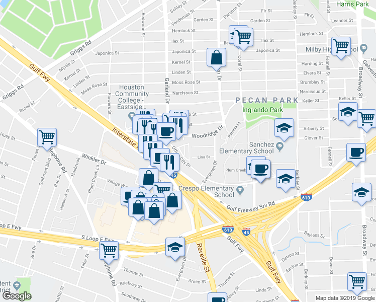 map of restaurants, bars, coffee shops, grocery stores, and more near 7015 Woodridge Square Drive in Houston