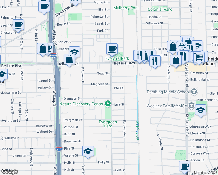 map of restaurants, bars, coffee shops, grocery stores, and more near 4441 Jane Street in Bellaire