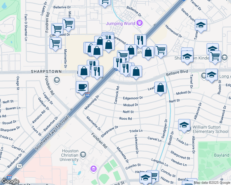 map of restaurants, bars, coffee shops, grocery stores, and more near 7142 Leader Street in Houston