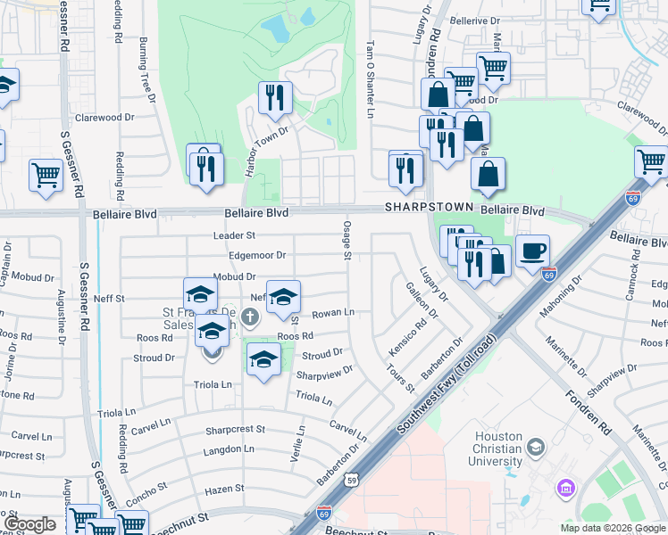 map of restaurants, bars, coffee shops, grocery stores, and more near 7911 Edgemoor Drive in Houston