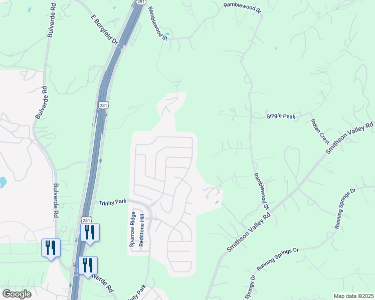 map of restaurants, bars, coffee shops, grocery stores, and more near 27227 Trinity Bend in San Antonio
