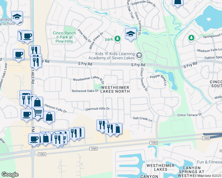 map of restaurants, bars, coffee shops, grocery stores, and more near 26410 Richwood Oaks Drive in Katy