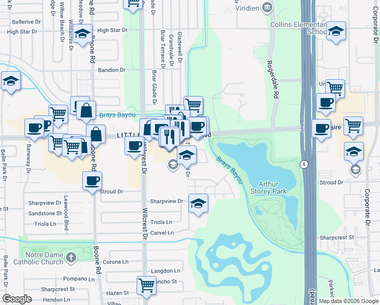 map of restaurants, bars, coffee shops, grocery stores, and more near 6831 Turtlewood Drive in Houston