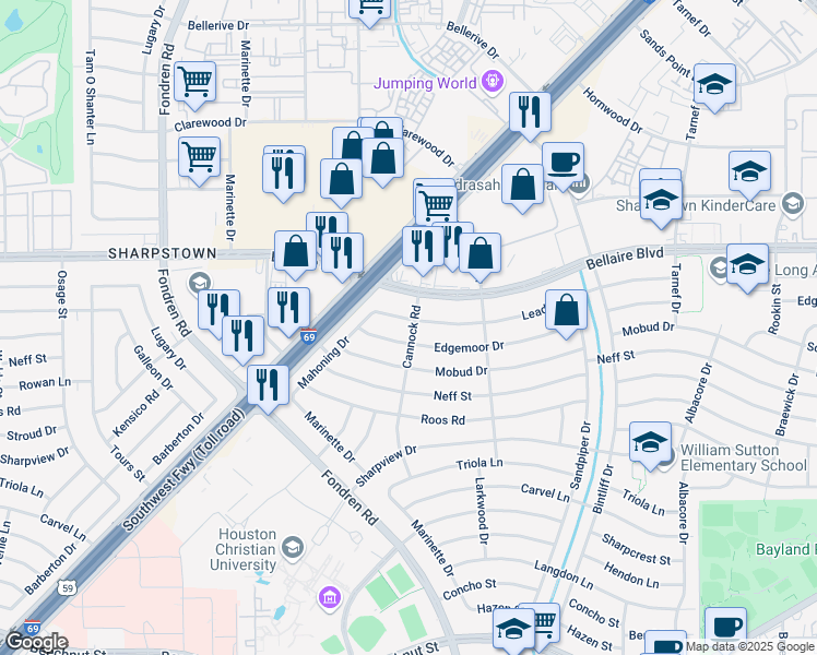 map of restaurants, bars, coffee shops, grocery stores, and more near 7142 Leader Street in Houston
