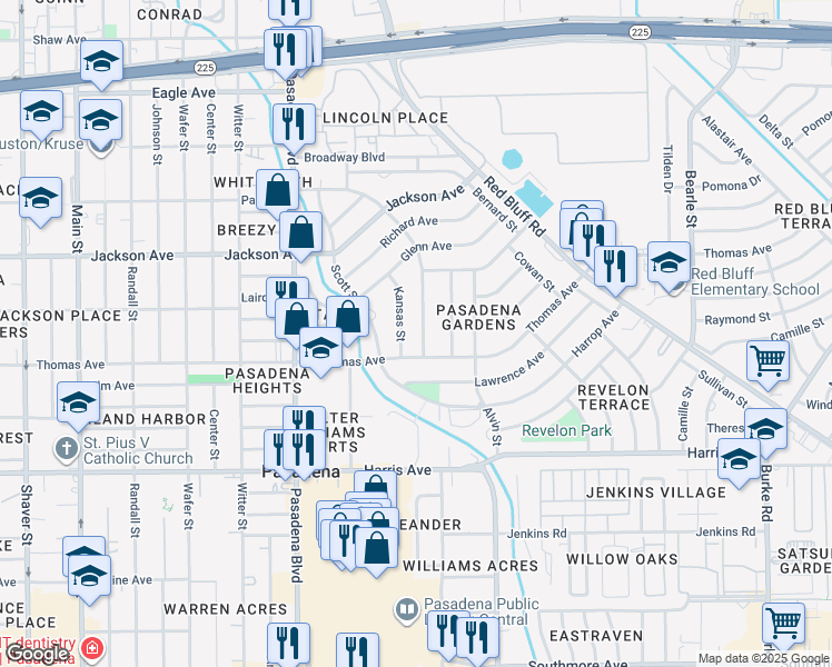 map of restaurants, bars, coffee shops, grocery stores, and more near 1529 East Park Lane in Pasadena