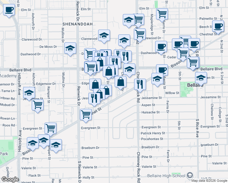 map of restaurants, bars, coffee shops, grocery stores, and more near 5604 Bissonnet Street in Houston