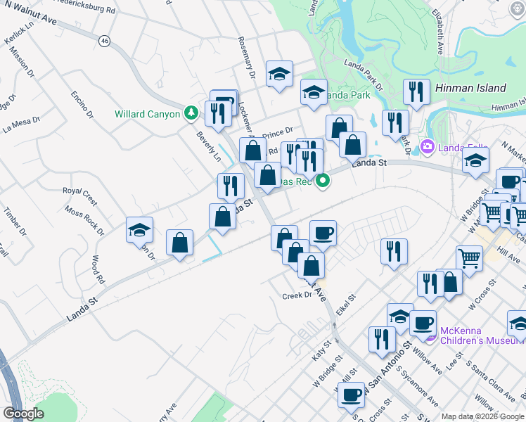 map of restaurants, bars, coffee shops, grocery stores, and more near 501 Landa Street in New Braunfels