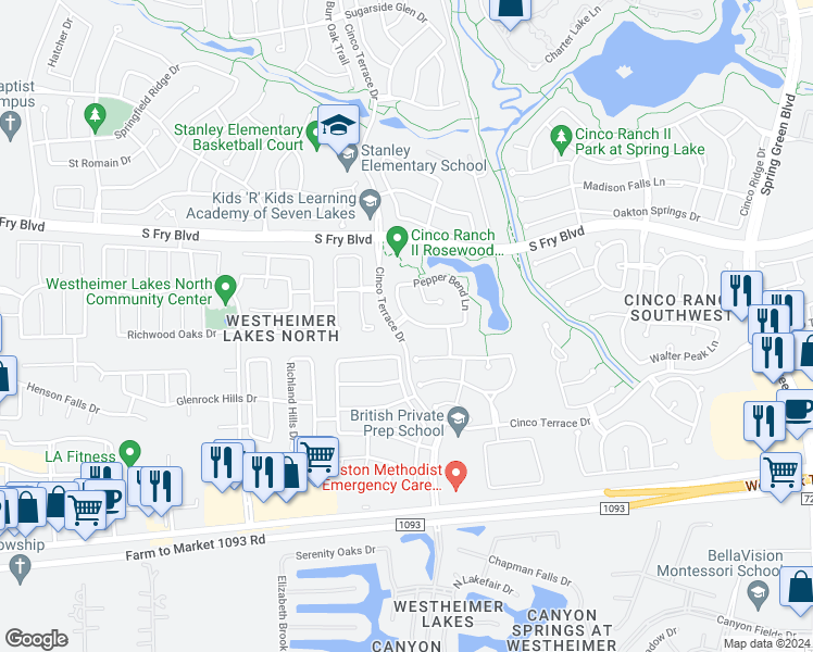 map of restaurants, bars, coffee shops, grocery stores, and more near 26051 Galena Stone Lane in Katy