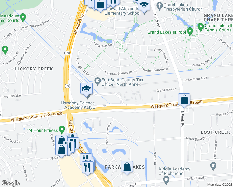 map of restaurants, bars, coffee shops, grocery stores, and more near 22211 Grand Corner Drive in Katy